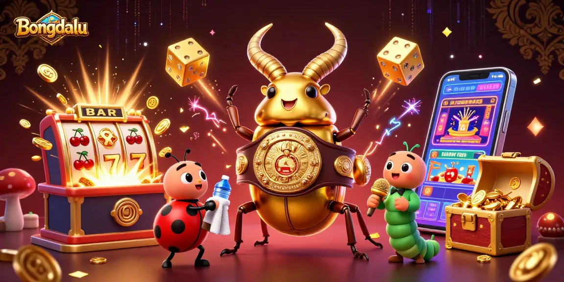 Bongdalu showcases a vibrant 3D illustration of a golden stag beetle in a boxing belt, amidst a jackpot explosion.