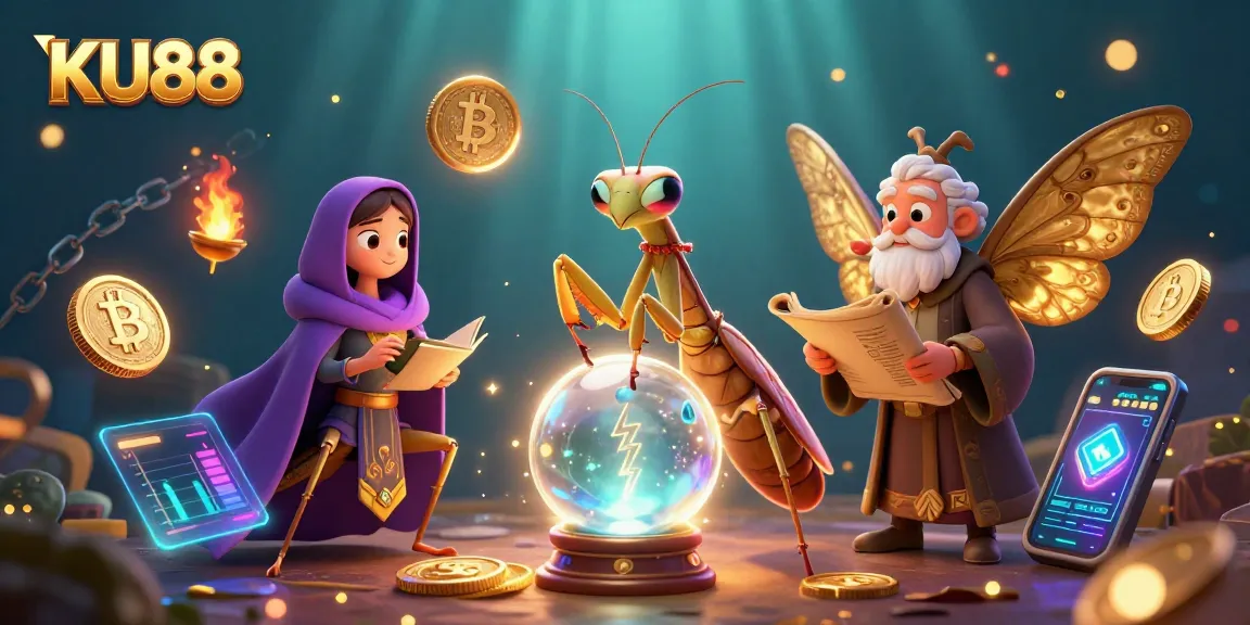 Engage with the stunning KU88 casino realm featuring fortune tellers and glowing crypto elements.