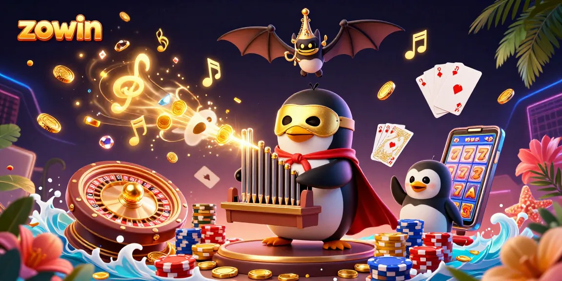 Zowin offers thrilling casino gaming with a dynamic scene of a penguin playing an organ that shoots gold coins.