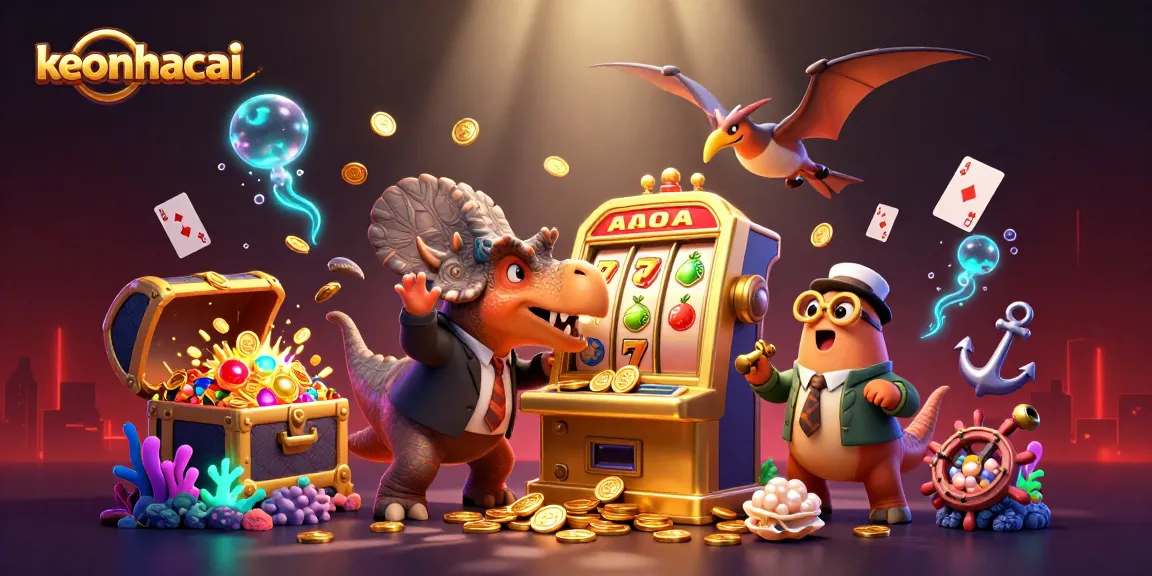 keonhacai illustration of a cartoon dinosaur interacting with a slot machine, surrounded by casino elements
