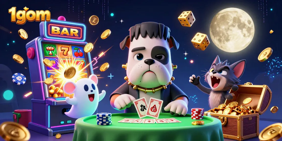 1gom players enjoying thrilling card games with fun and spooky characters at a vibrant casino table.