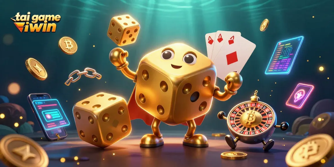 Engage with tai game iwin through a vibrant 3D illustration featuring dynamic dice and crypto elements.
