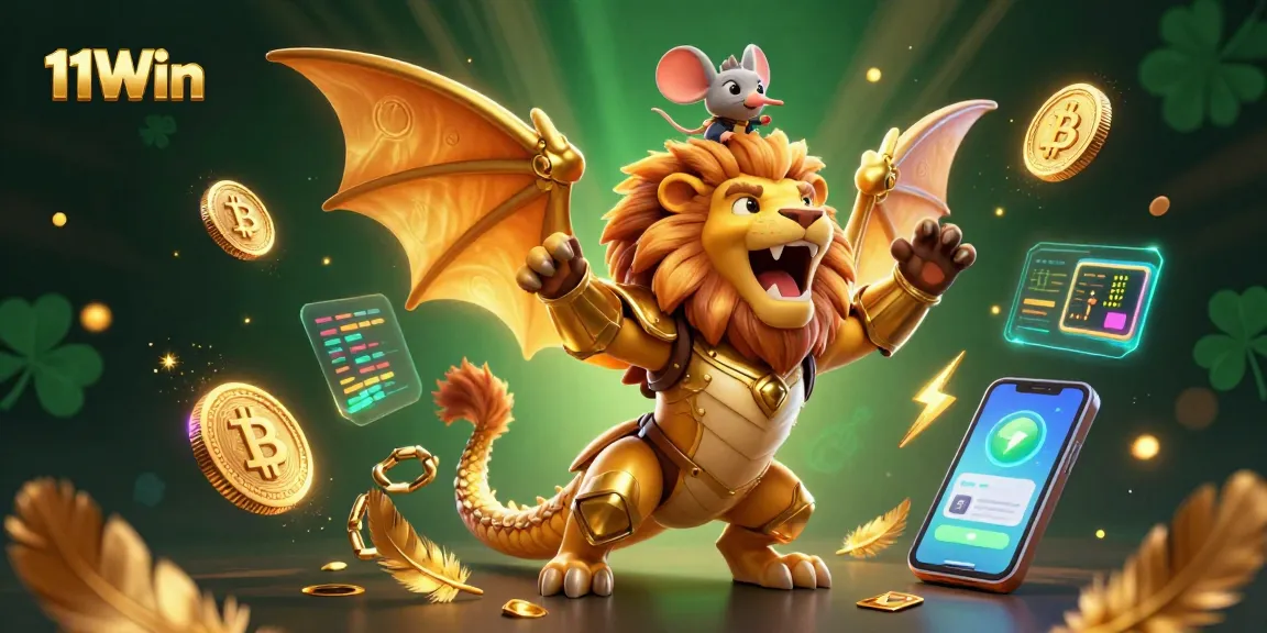 Experience thrilling moments with 11Win's vibrant casino scene featuring a roaring chimera and crypto elements.