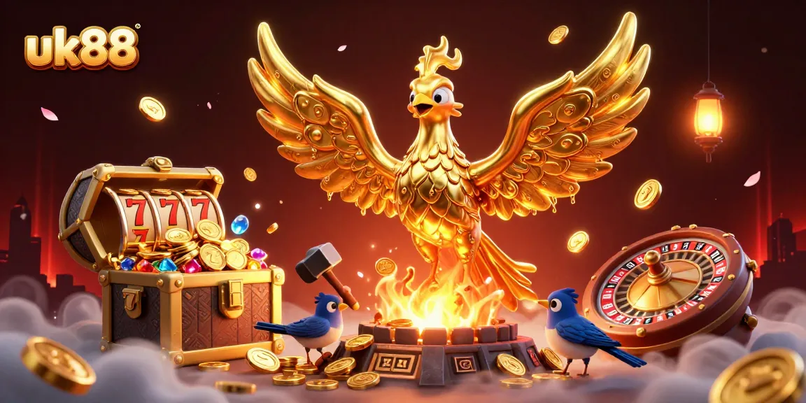 Spin to win at uk88 with a 3D golden phoenix symbolizing luck, surrounded by dynamic casino elements.