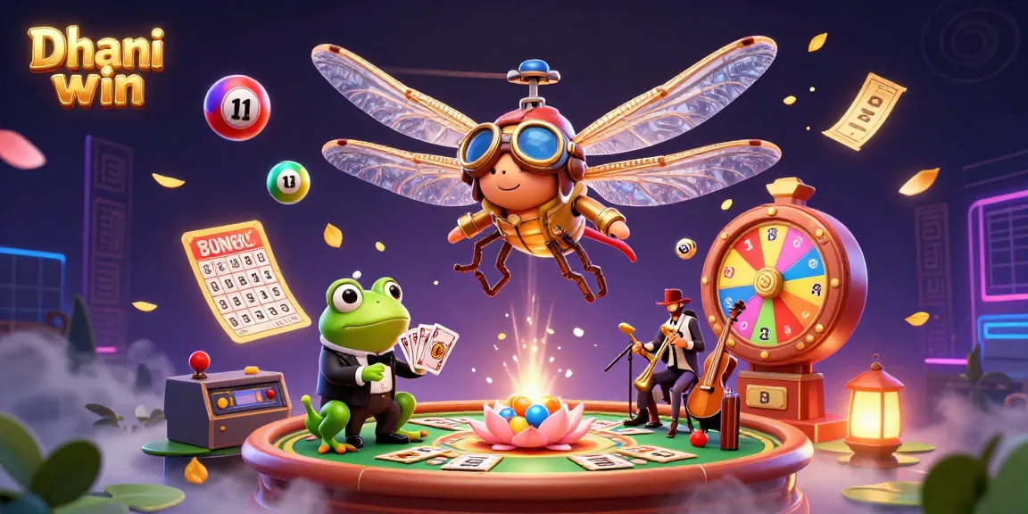 Dive into the exhilarating Dhani win gaming experience with vibrant lottery balls and lively casino characters.