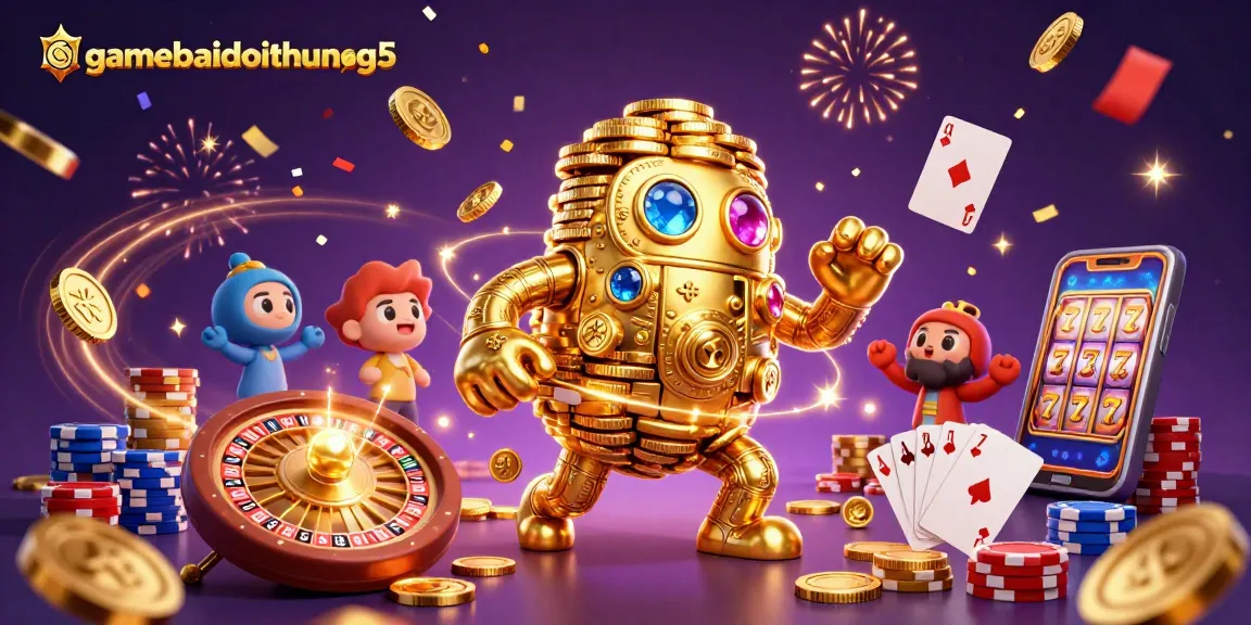 Join the excitement at gamebaidoithuong5, featuring a thrilling scene of a golden golem surrounded by casino elements and dazzling rewards.