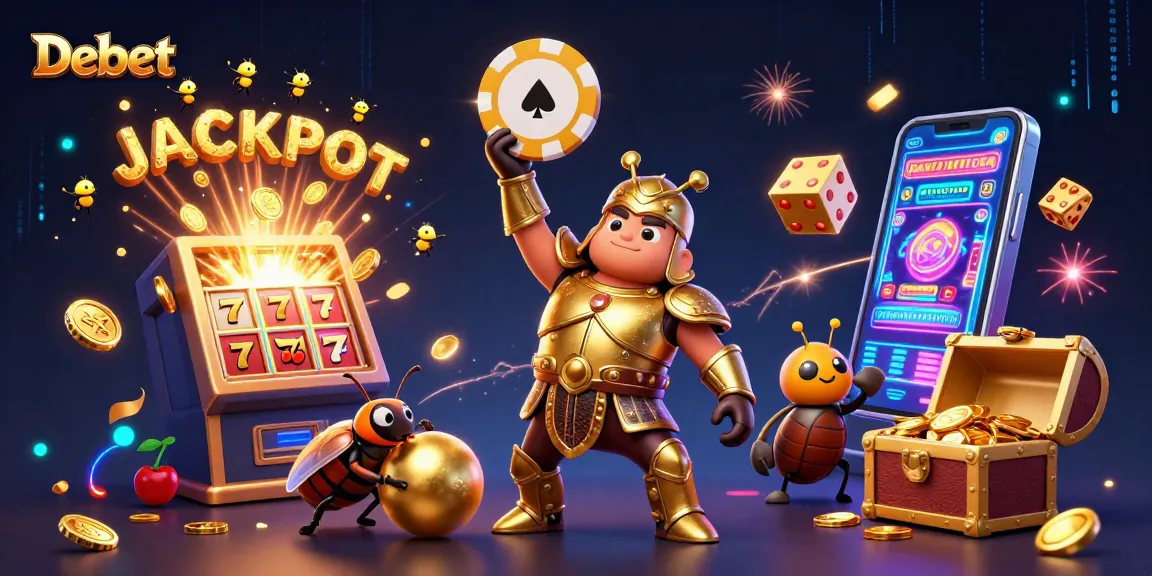 Debet victory scene with cartoon beetles, slot machine, and colorful casino elements bursting with jackpots