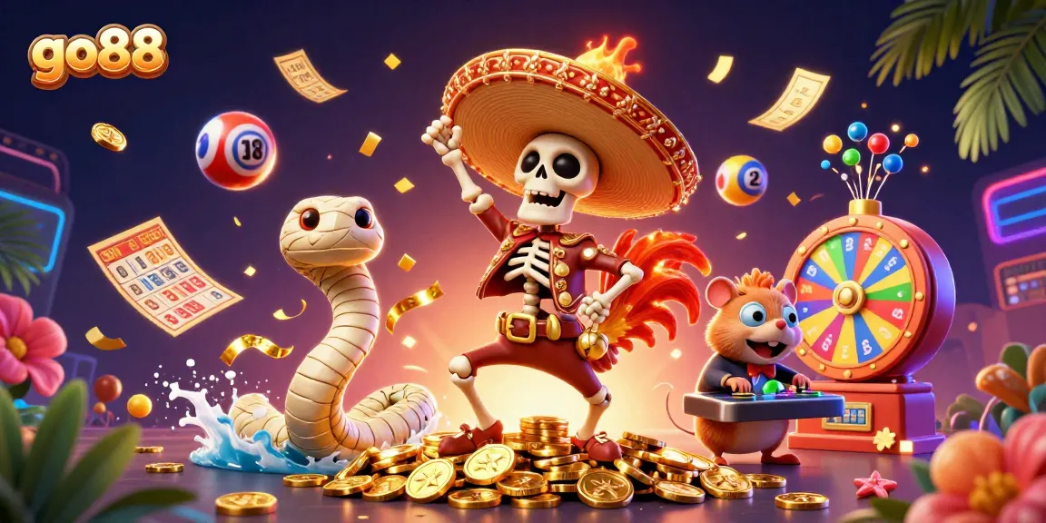 Celebrate wins at go88 with a vibrant casino scene featuring colorful lottery elements and characters.