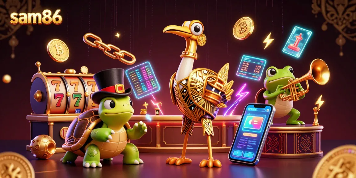 Engage in exciting gameplay at sam86 with colorful slot reels and unique characters in a vibrant setting.