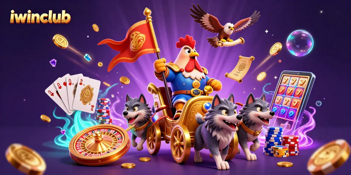Engage with iwinclub's thrilling games featuring a regal rooster warlord and dynamic casino elements