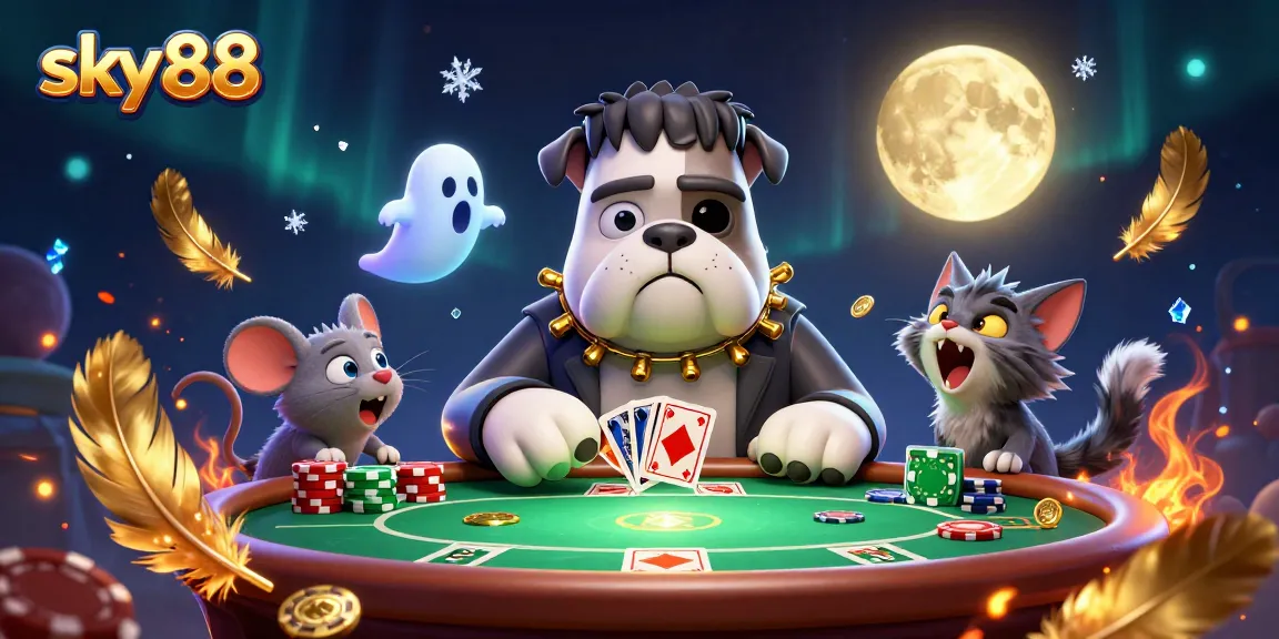 Experience exhilarating action at sky88 with a 3D cartoon poker scene featuring unique characters and dynamic elements.