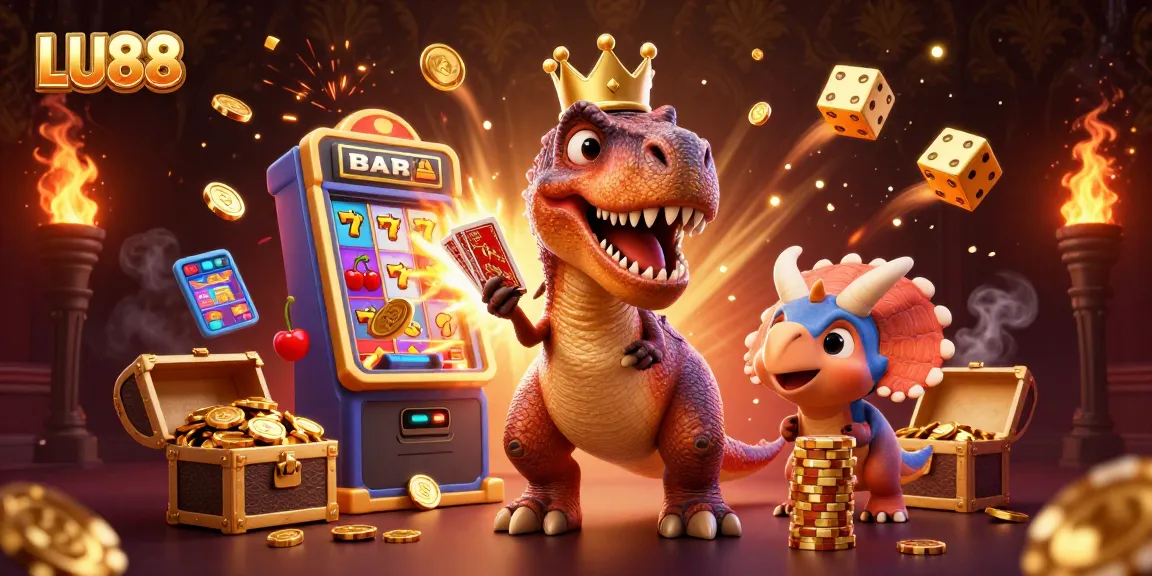 LU88 illustrates excitement at a vibrant casino scene with a cartoon T-Rex and friends celebrating a jackpot.