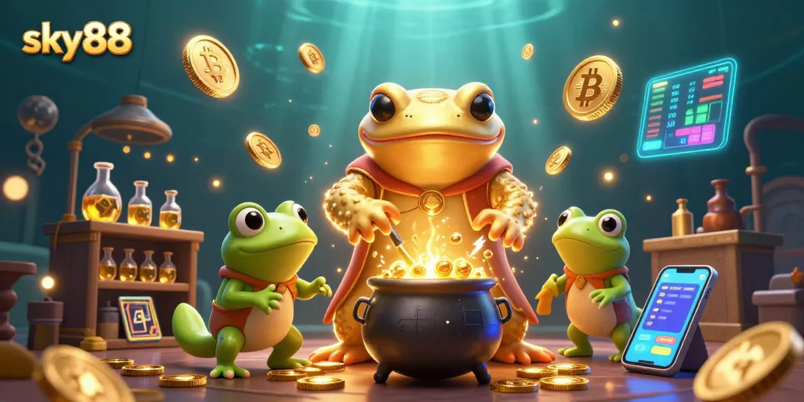 Win big at sky88 with a whimsical alchemist and vibrant crypto elements in a magical casino scene.
