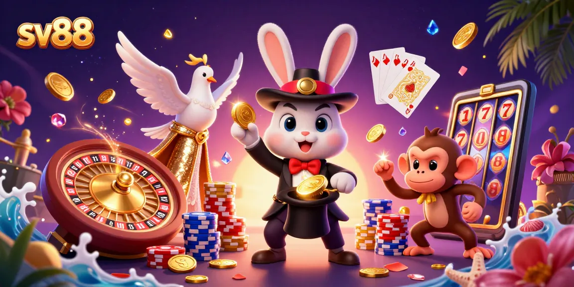 Experience thrilling gameplay with sv88’s captivating 3D illustration showcasing a magician rabbit and vibrant casino elements.