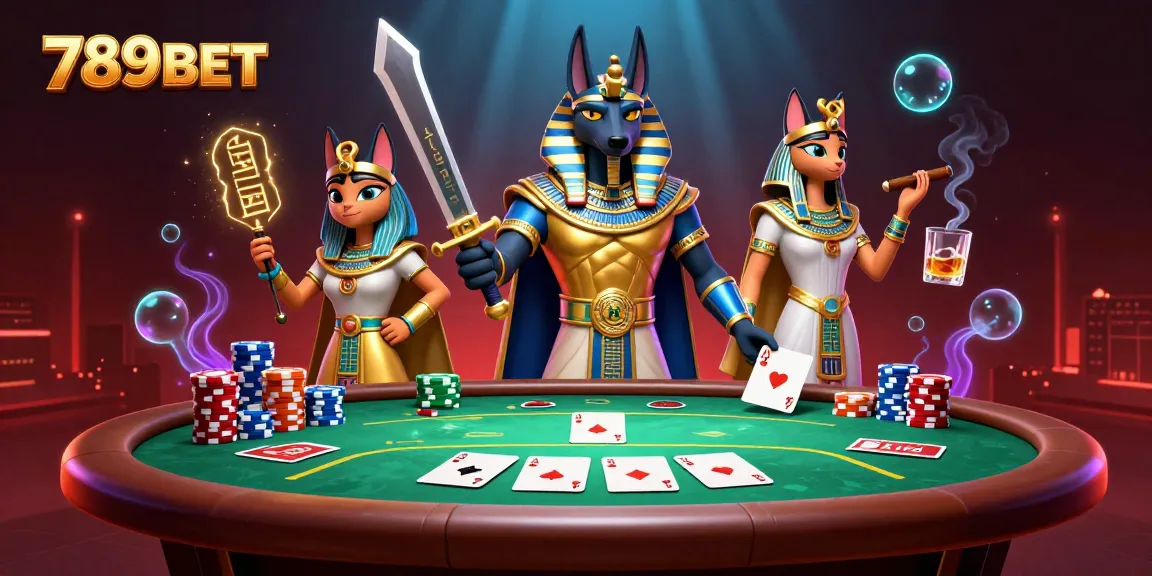 Engage with exciting games at 789BET featuring ancient Egyptian warriors amidst vibrant poker action.