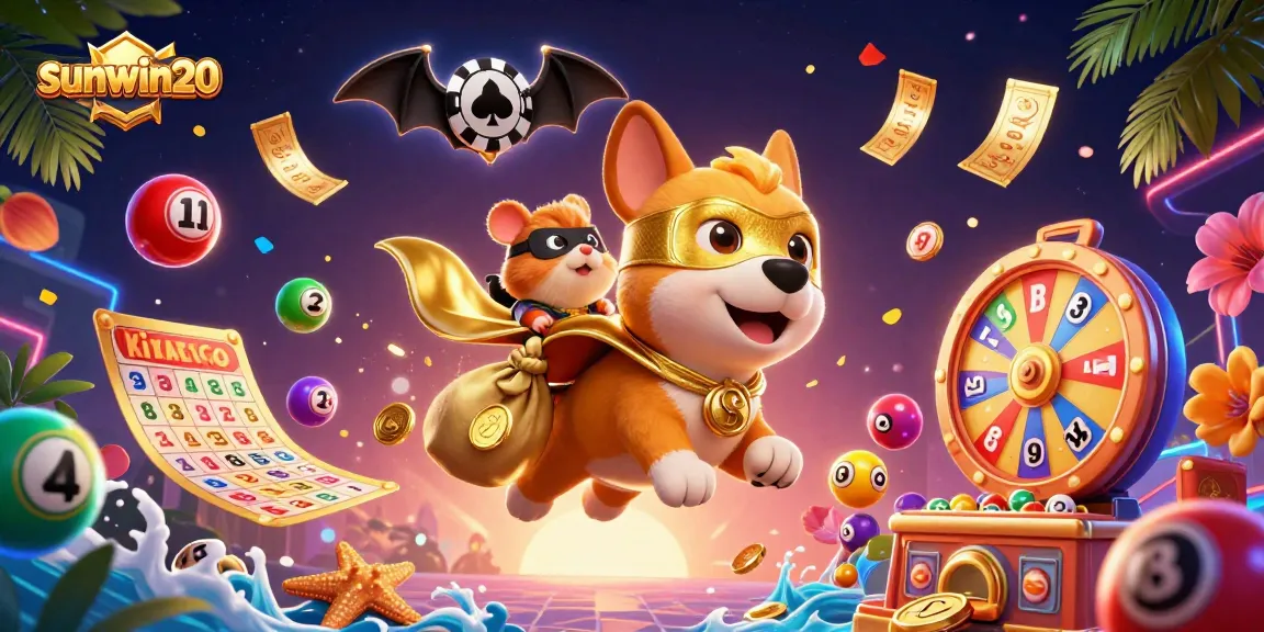 Experience exciting wins with sunwin20 in this vibrant 3D art of a superhero dog and hamster collecting casino treasures.