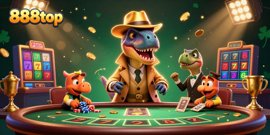 Play at 888top with cartoon characters enjoying blackjack in a vibrant casino scene.