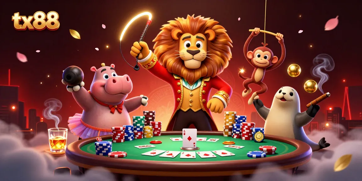 Experience thrilling poker action with tx88 featuring whimsical circus characters in a vibrant scene.