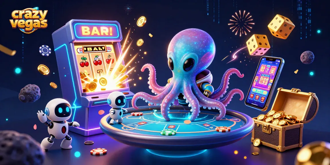 Engage with crazyvegas' vivid casino experience featuring an octopus and robot at a holographic poker table.