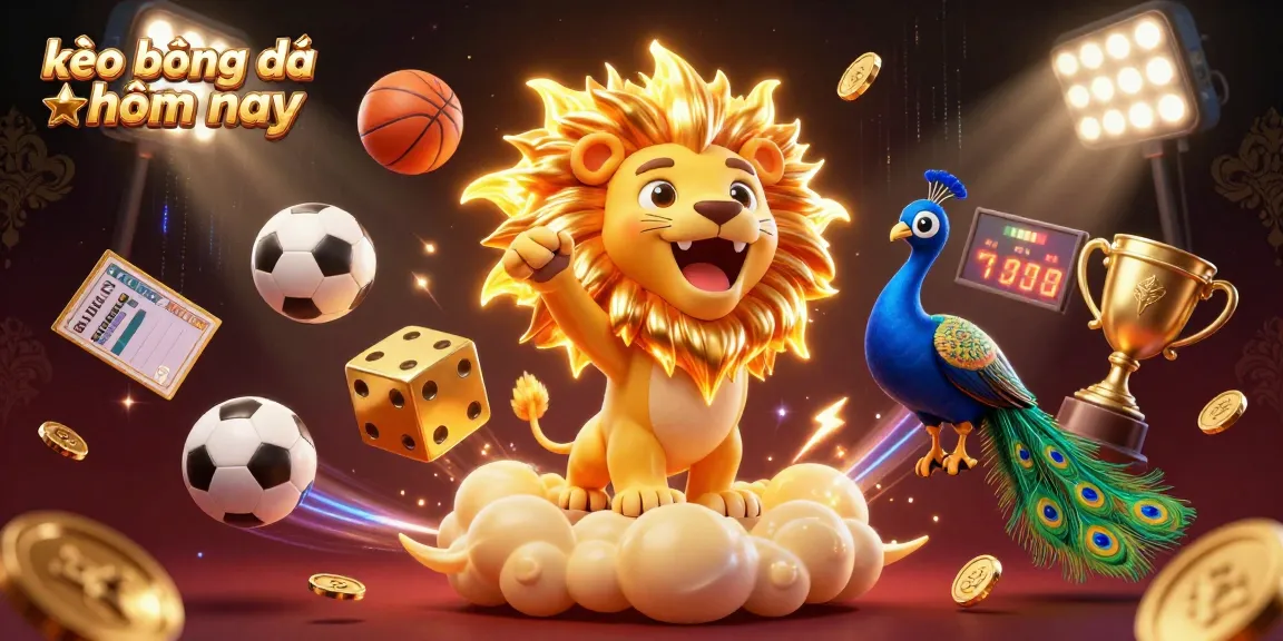 Engage with kèo bóng đá hôm nay through dynamic sports betting elements, including 3D sports balls and a vibrant lion mascot.
