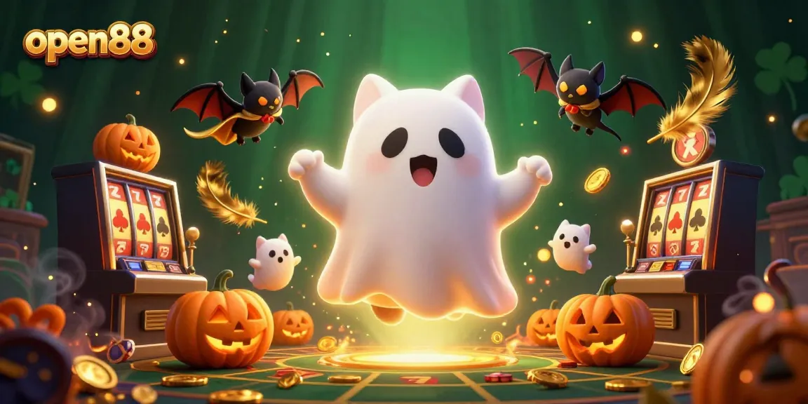 Engage with open88 in a haunted casino scene featuring a ghost cat and glowing poker jack-o-lanterns.