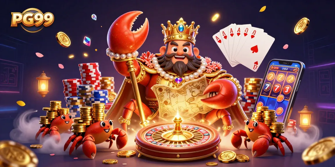 Experience the excitement of PG99 with a golden crab emperor amidst sparkling gems and casino elements.