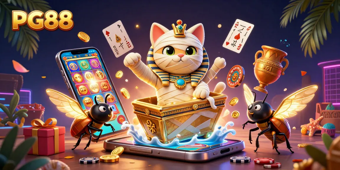 PG88 Lottery and slot games come alive with Egyptian treasures in this vibrant casino scene.
