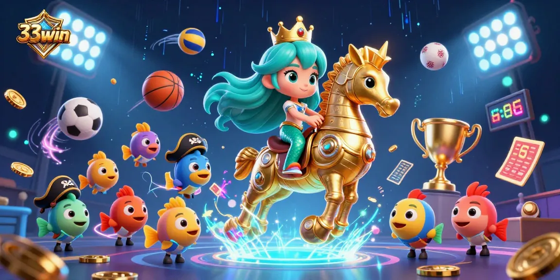Win big with 33win: A vibrant underwater sports-themed casino scene featuring mermaids and treasures.