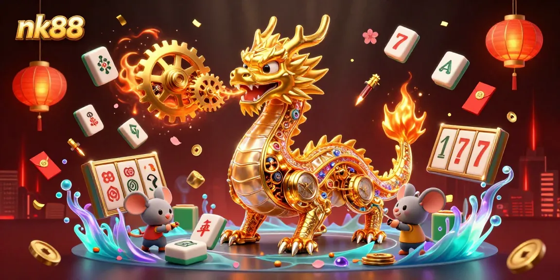 Experience thrilling gaming at nk88 with a golden dragon amidst vibrant gambling elements, embodying excitement.